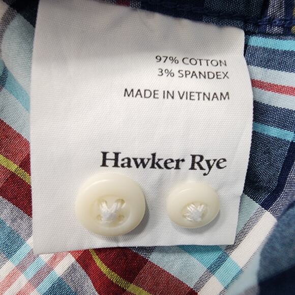 HAWKER RYE Shirt Men M Blue Red Plaid Essential Wash Short Sleeve Stretch Cotton - Picture 5 of 10